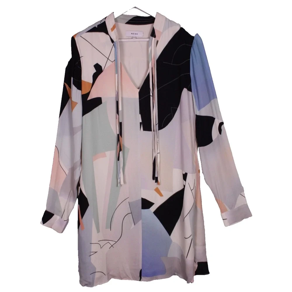 Reiss Mini Dress Rosa Abstract Size 8 Nuanced Collar Tie V-neck  Long Sleeves